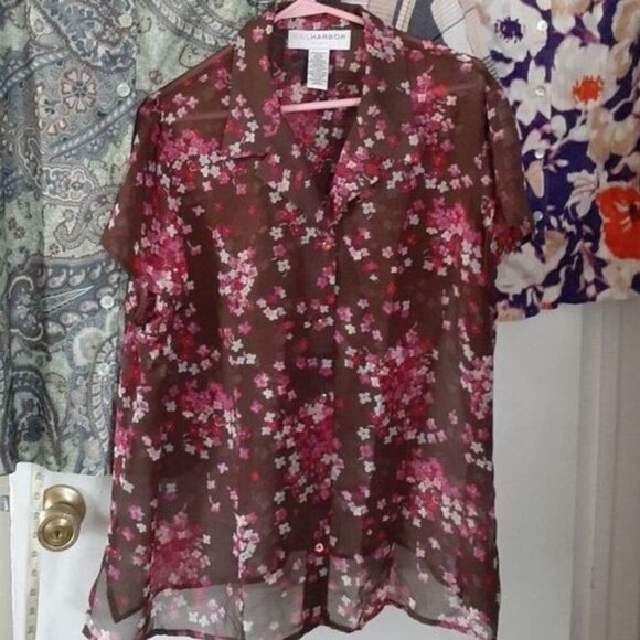 sag harbor 20w 2x shirt top blouse xxl  short sleeve summer floral sheer - Picture 1 of 3